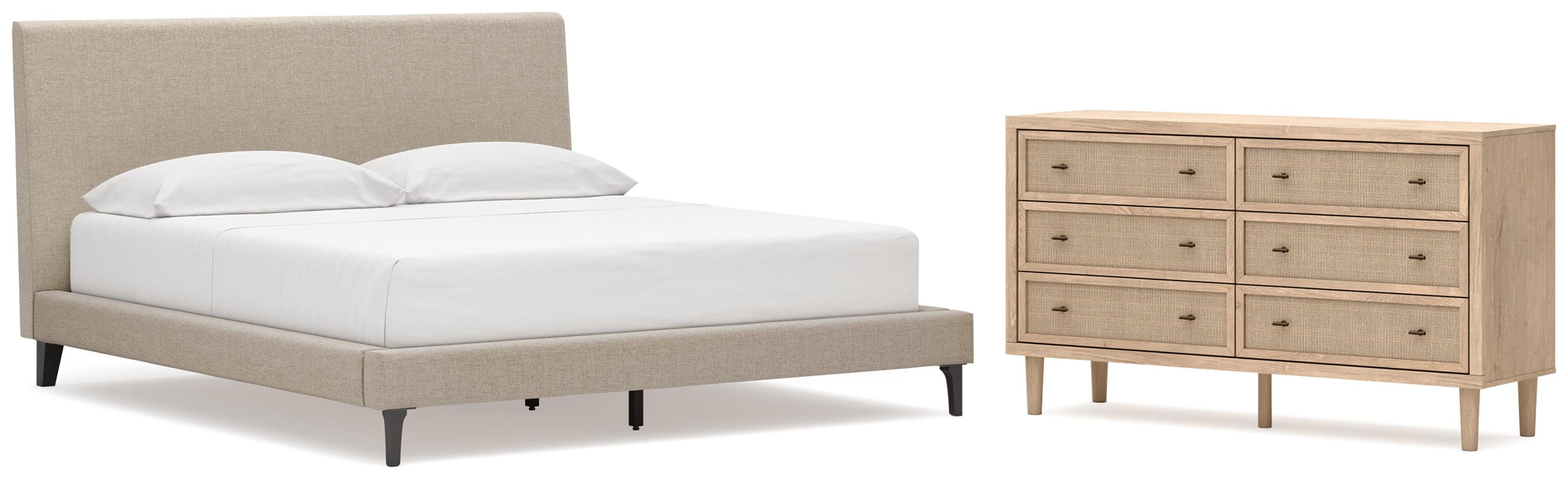 Cielden Upholstered Bed with Roll Slats and Dresser