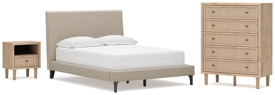 Cielden Upholstered Bed with Roll Slats, Chest and Nightstand