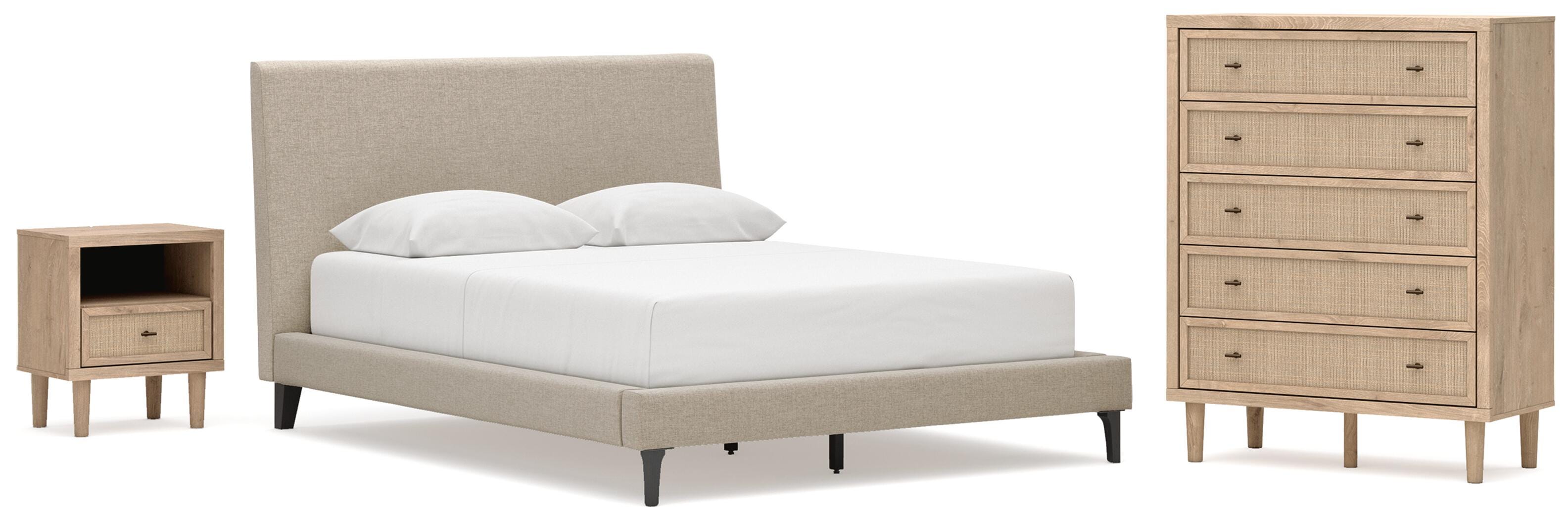 Cielden Upholstered Bed with Roll Slats, Chest and Nightstand
