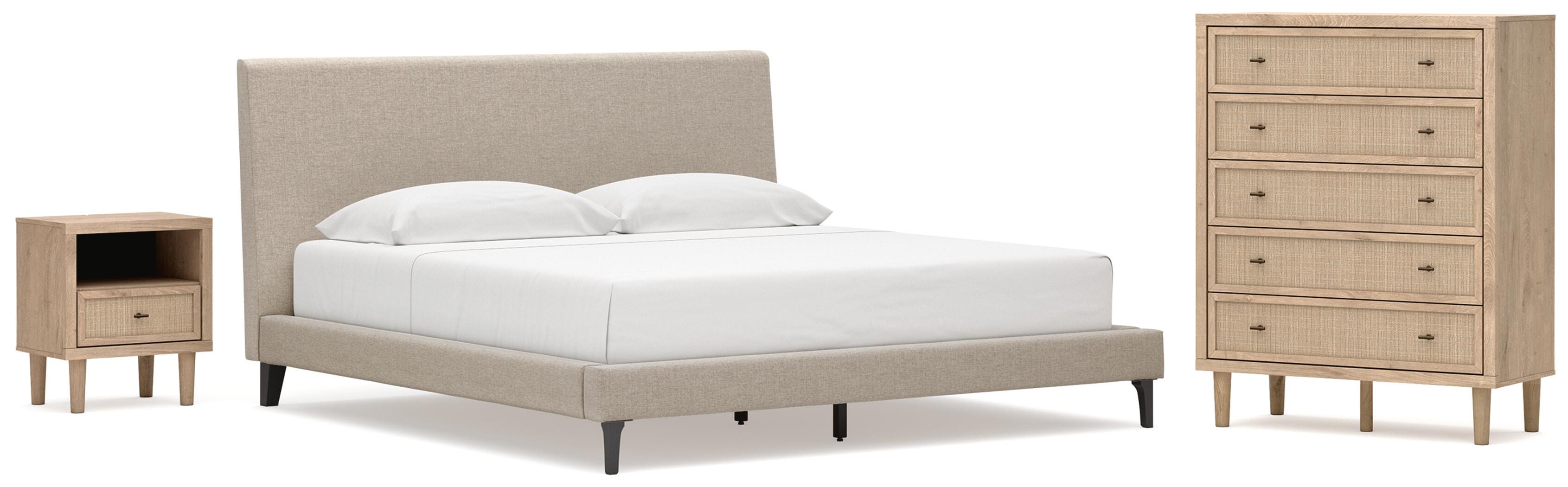 Cielden Upholstered Bed with Roll Slats, Chest and Nightstand
