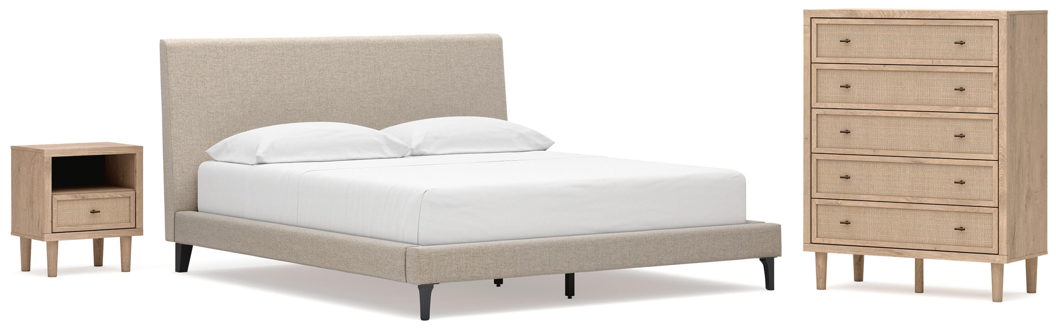 Cielden Upholstered Bed with Roll Slats, Chest and Nightstand