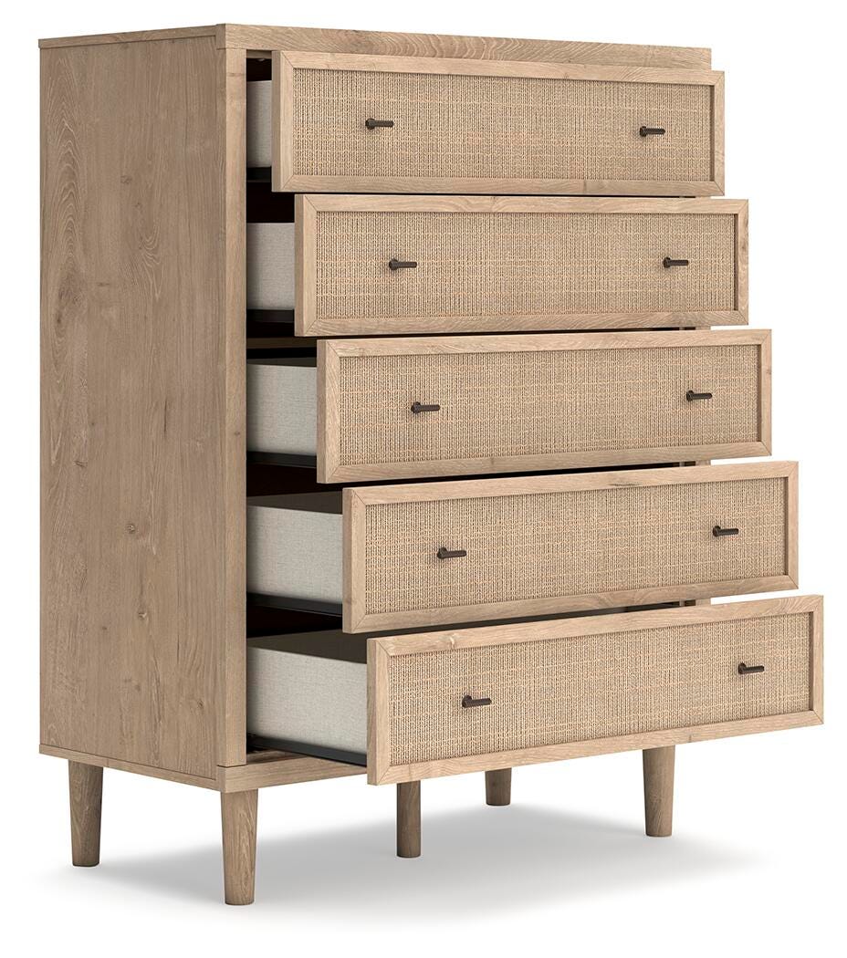 Cielden Upholstered Bed with Roll Slats, Dresser and Chest