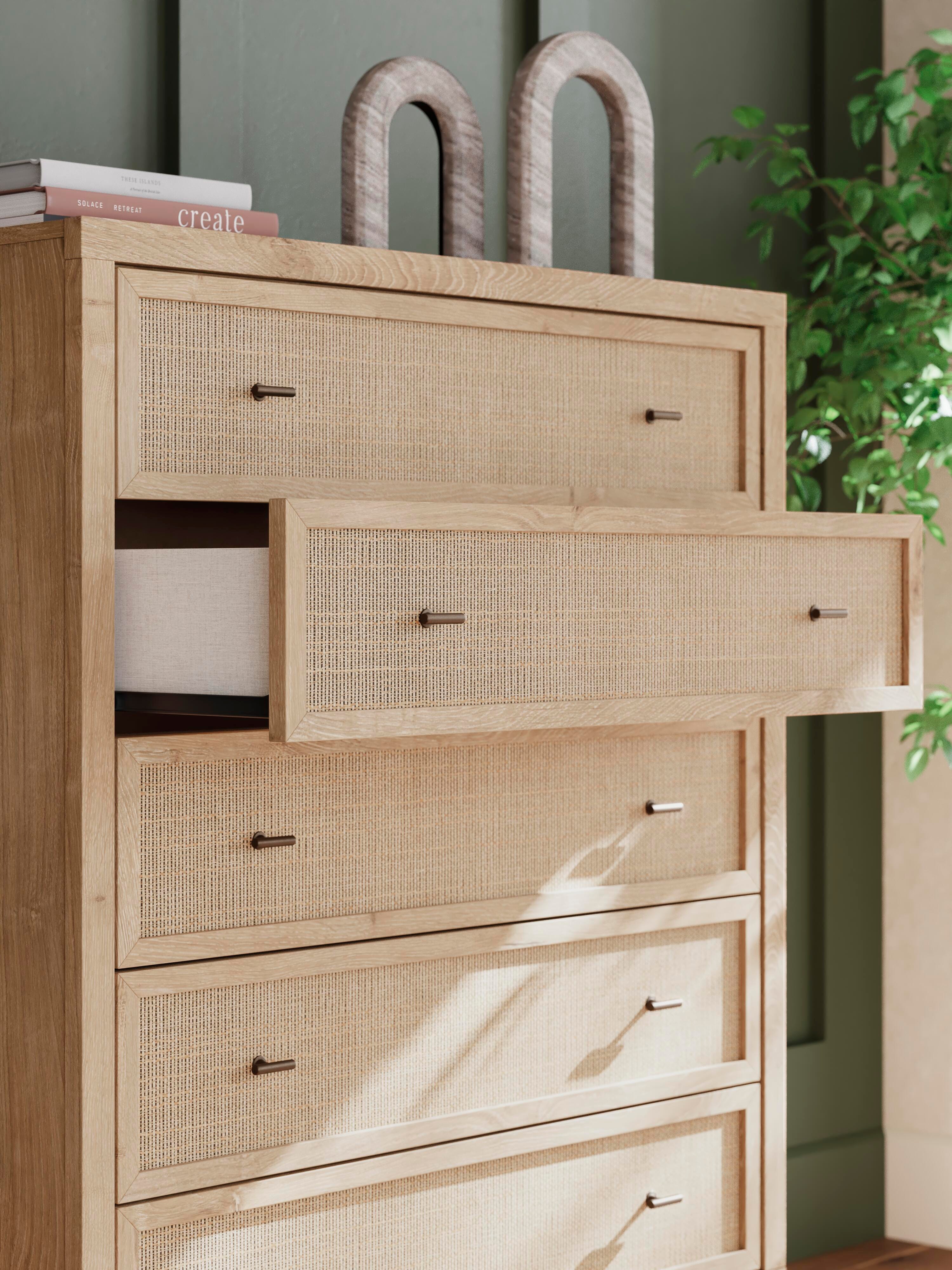 Cielden Upholstered Bed with Roll Slats, Dresser, Mirror and Chest