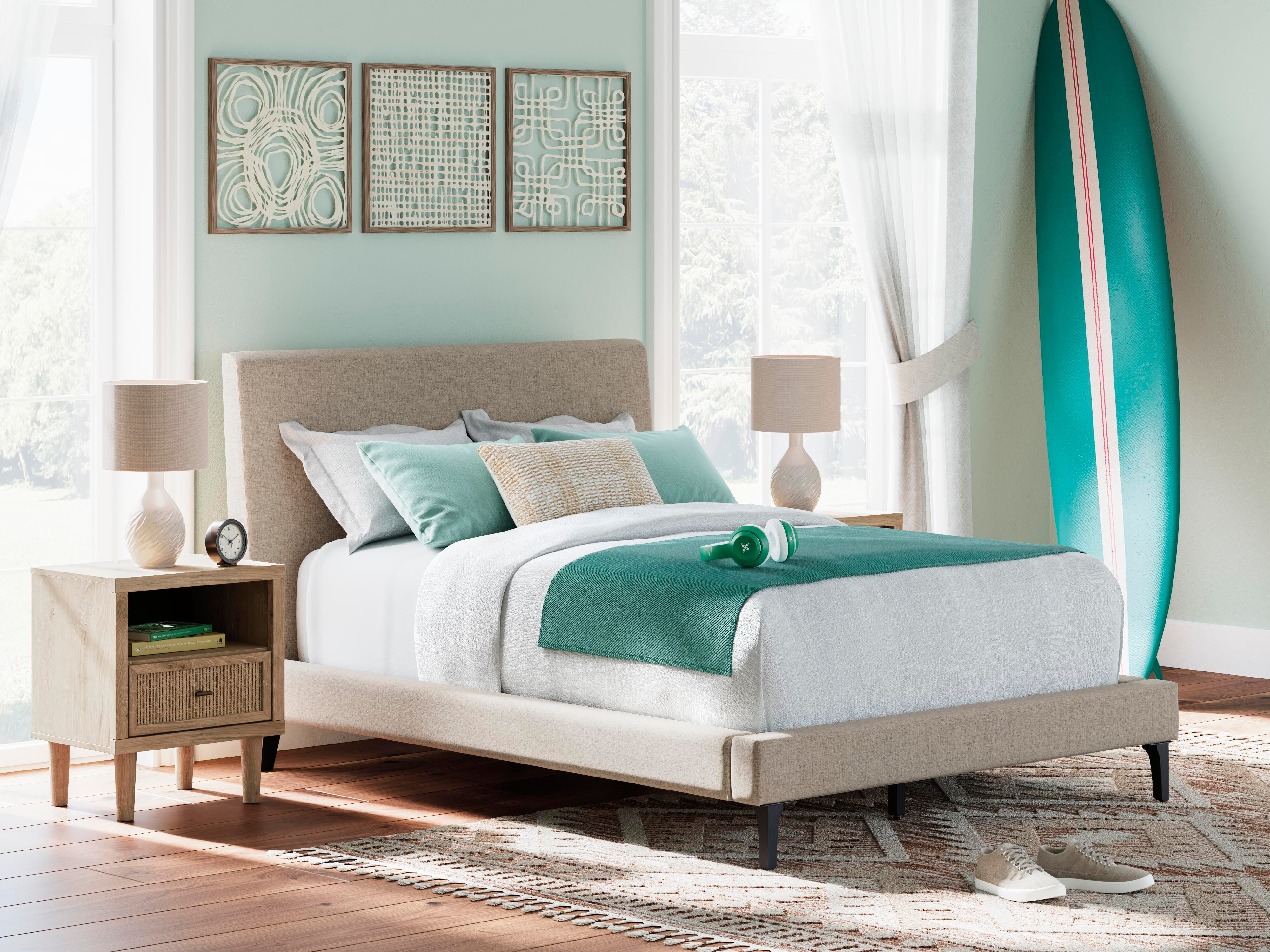 Cielden Upholstered Bed with Roll Slats, Dresser, Mirror and Nightstand