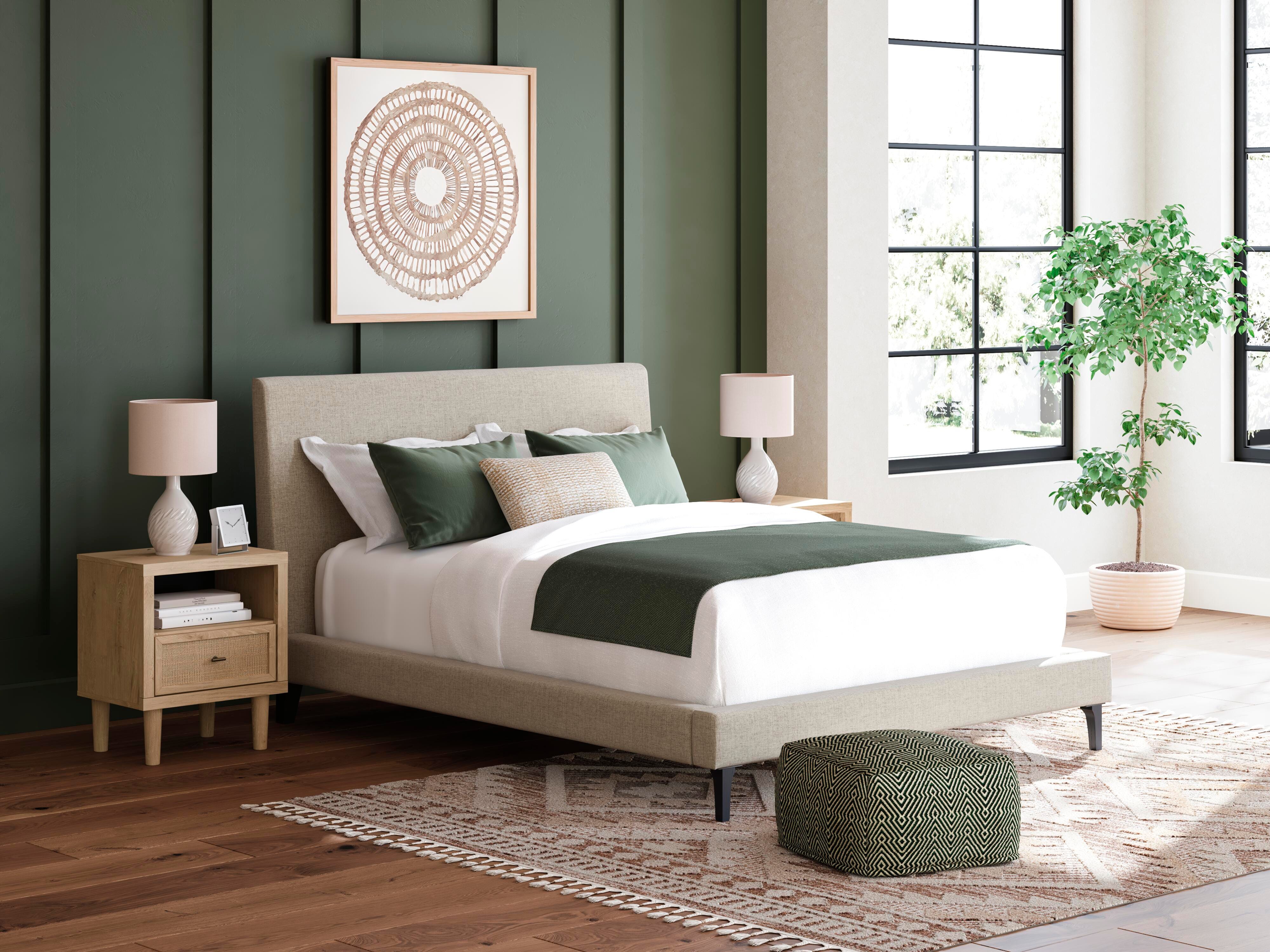 Cielden Upholstered Bed with Roll Slats, Dresser, Mirror and Chest