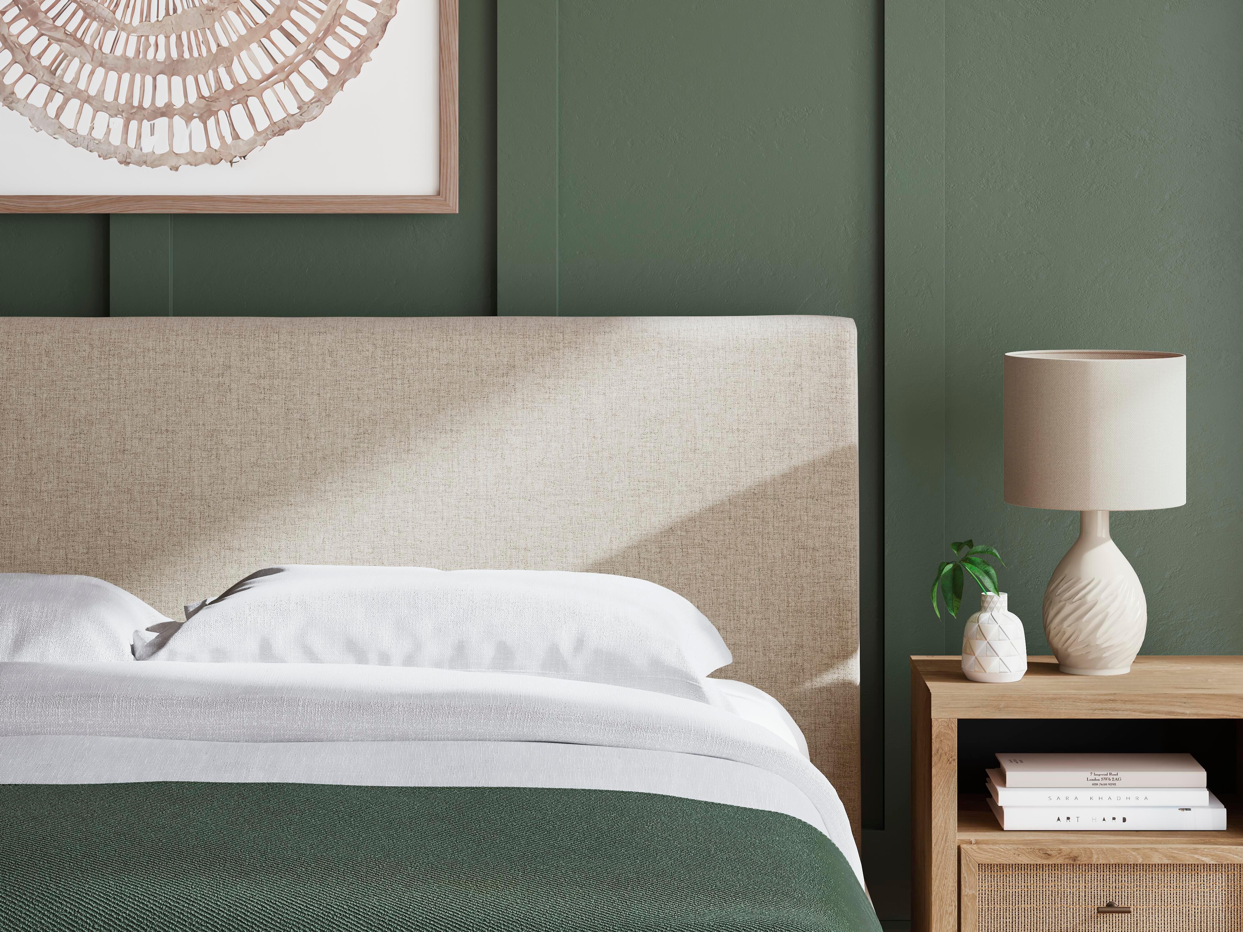 Cielden Upholstered Bed with Roll Slats, Dresser and Mirror