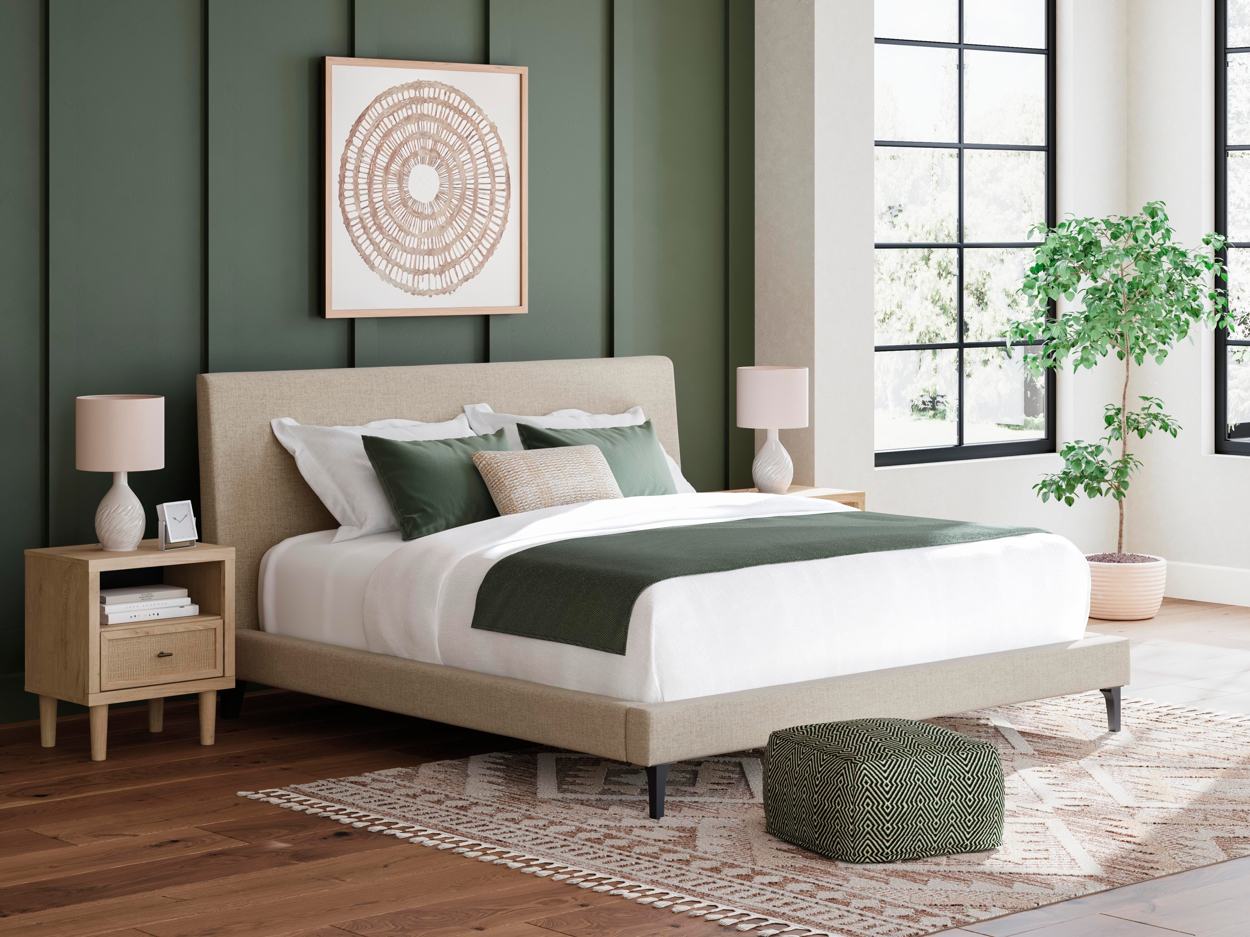 Cielden Upholstered Bed with Roll Slats and Dresser