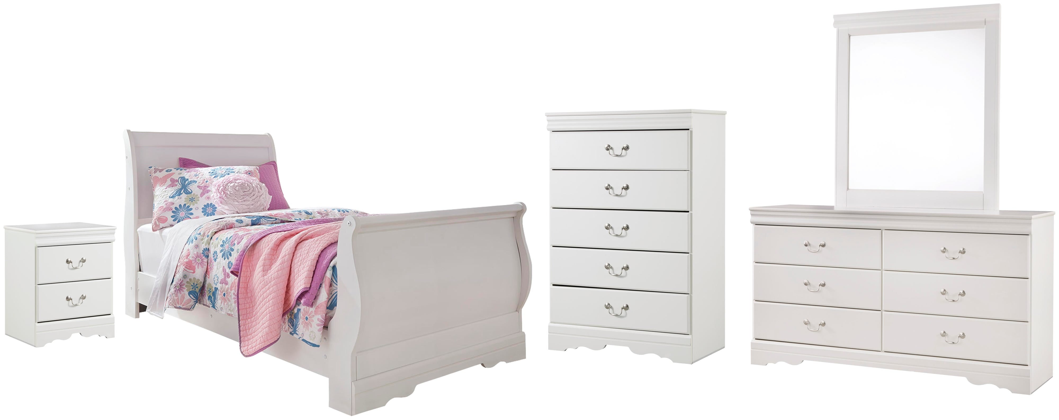 Anarasia Sleigh Bed with Mirrored Dresser, Chest and Nightstand