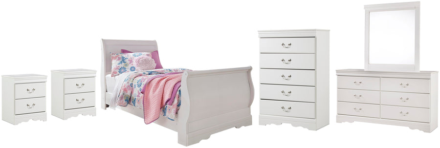 Anarasia Sleigh Bed with Mirrored Dresser, Chest and 2 Nightstands
