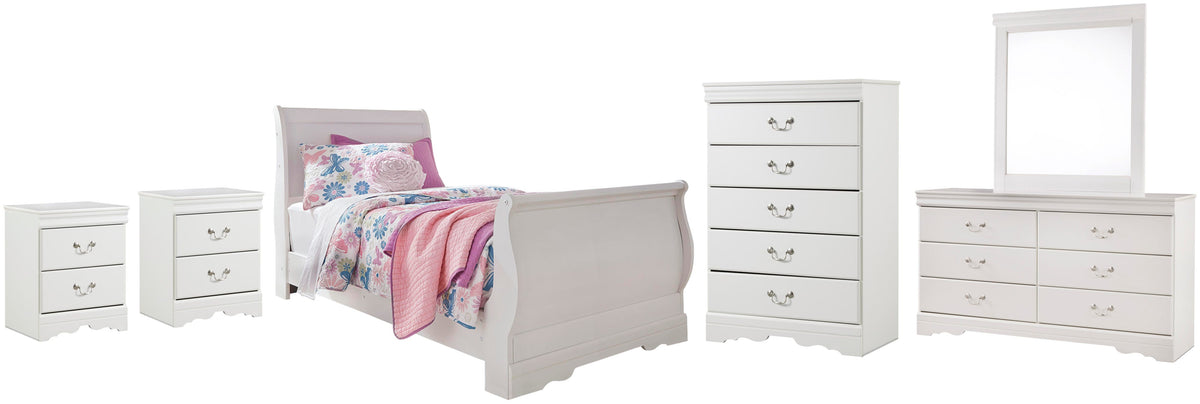 Anarasia Sleigh Bed with Mirrored Dresser, Chest and 2 Nightstands