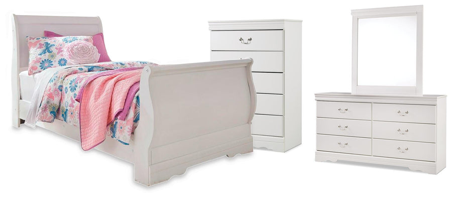 Anarasia Sleigh Bed, Dresser, Mirror and Chest