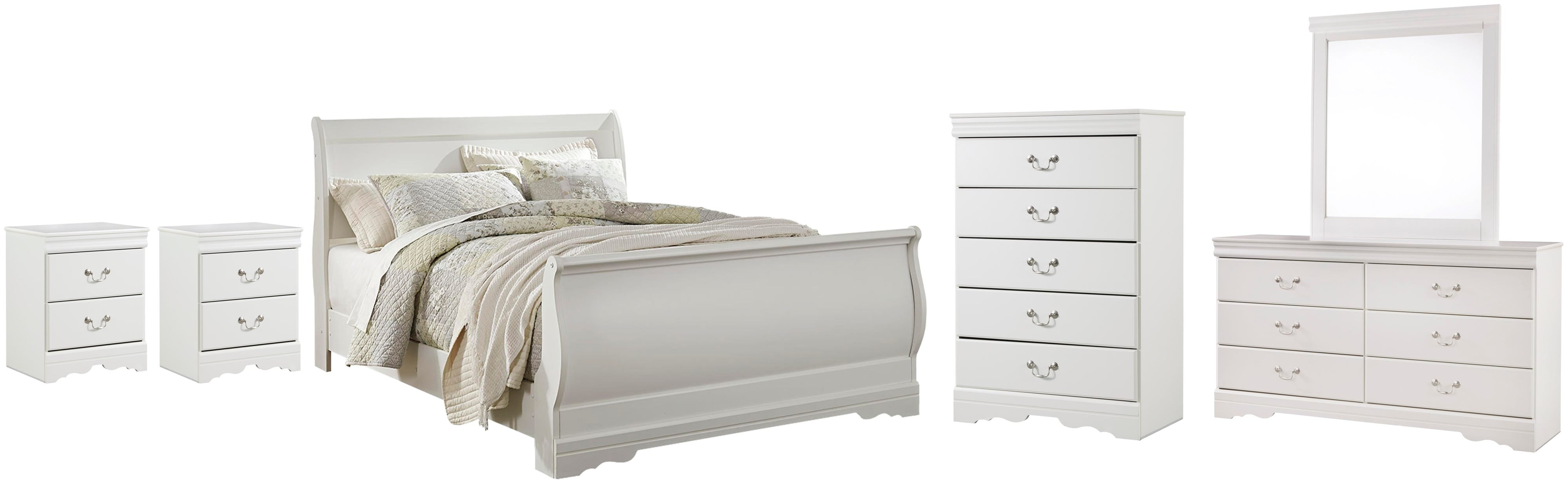 Anarasia Sleigh Bed with Mirrored Dresser, Chest and 2 Nightstands