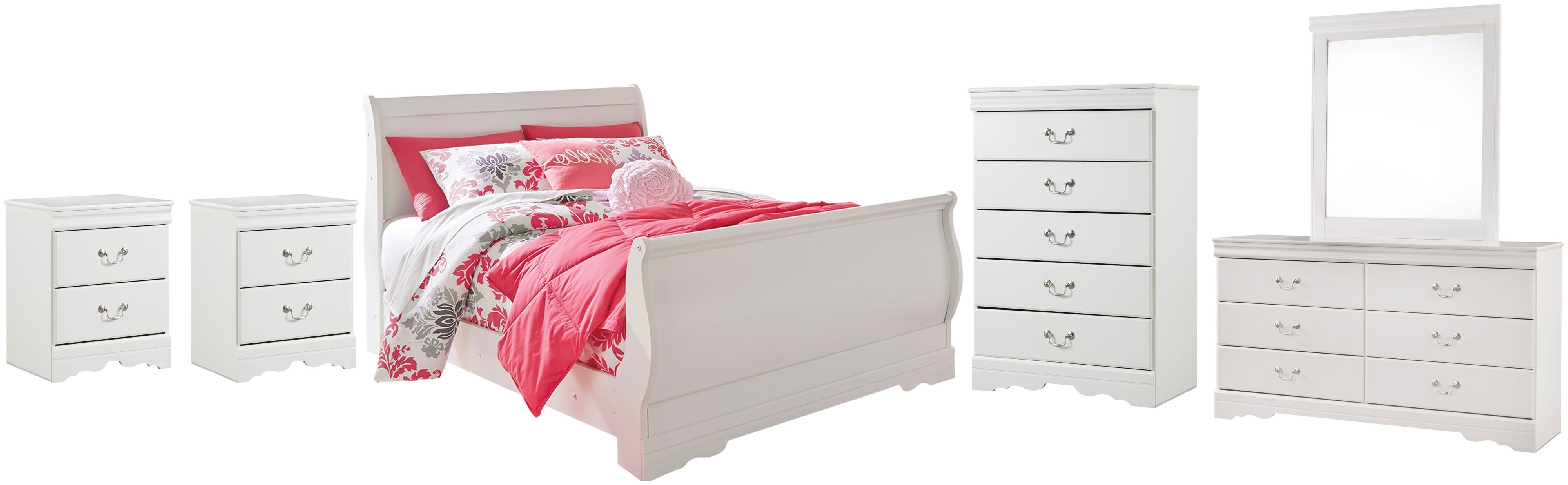 Anarasia Sleigh Bed with Mirrored Dresser, Chest and 2 Nightstands