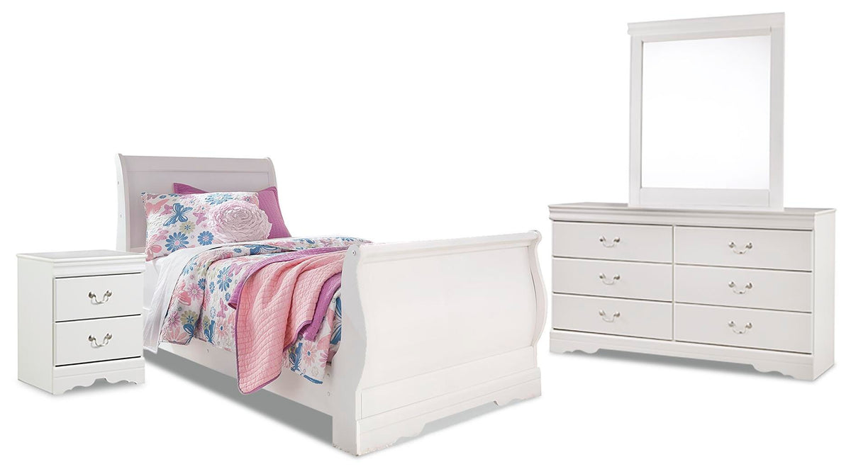 Anarasia Sleigh Bed with Mirrored Dresser and Nightstand