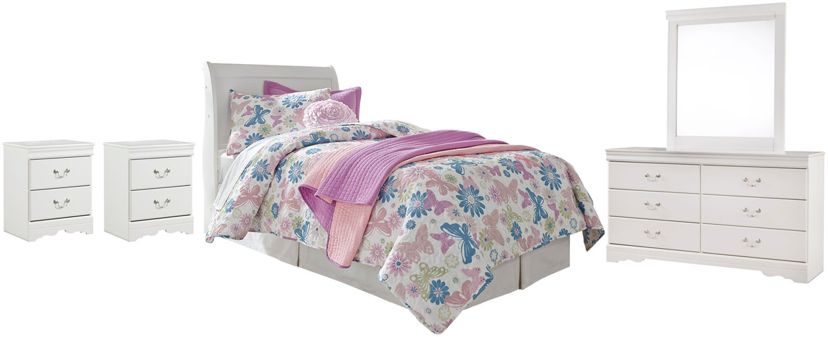 Anarasia Sleigh Headboard, Dresser, Mirror and 2 Nightstands