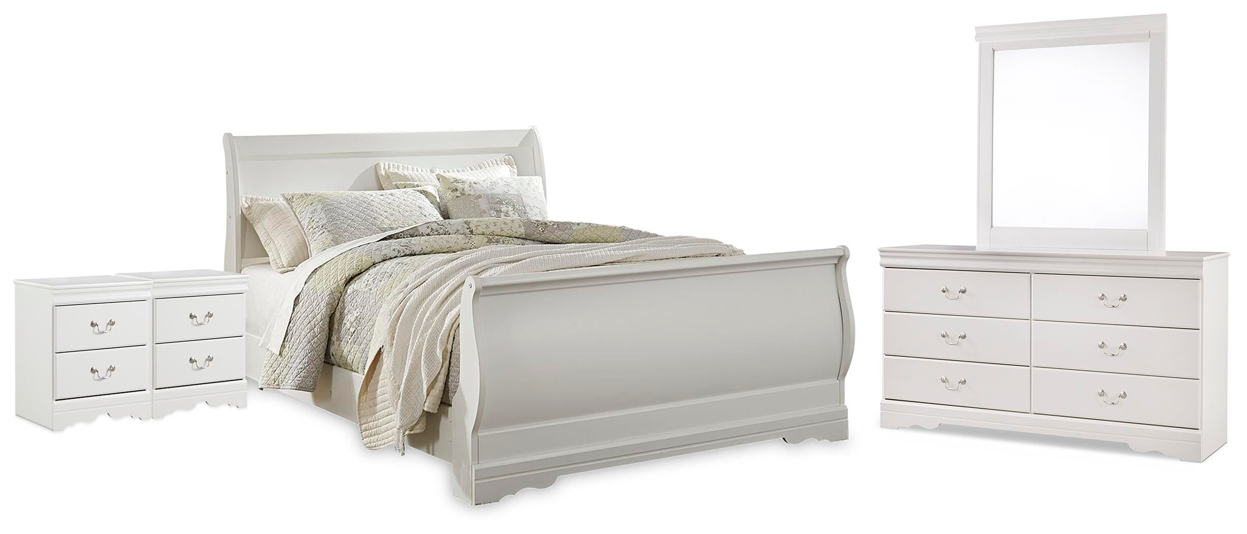 Anarasia Sleigh Bed with Mirrored Dresser and 2 Nightstands