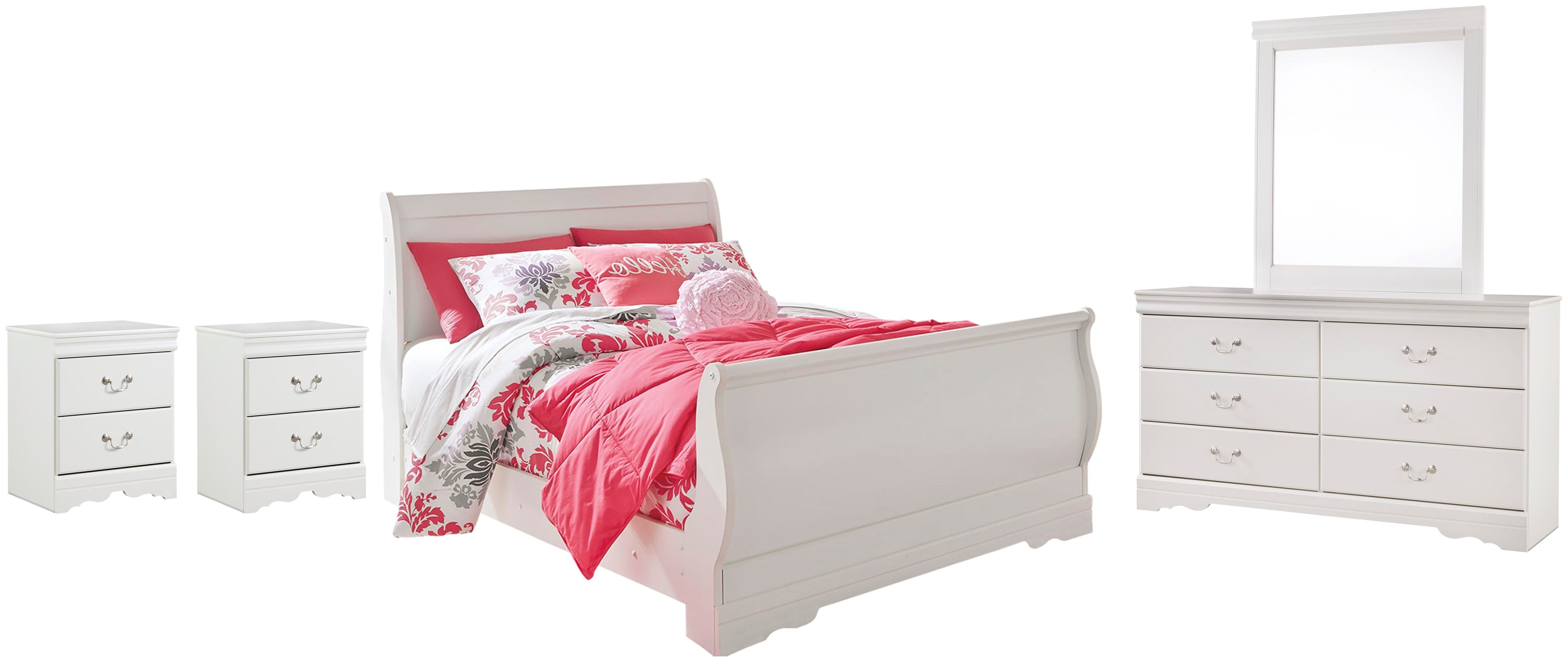 Anarasia Sleigh Bed with Mirrored Dresser and 2 Nightstands
