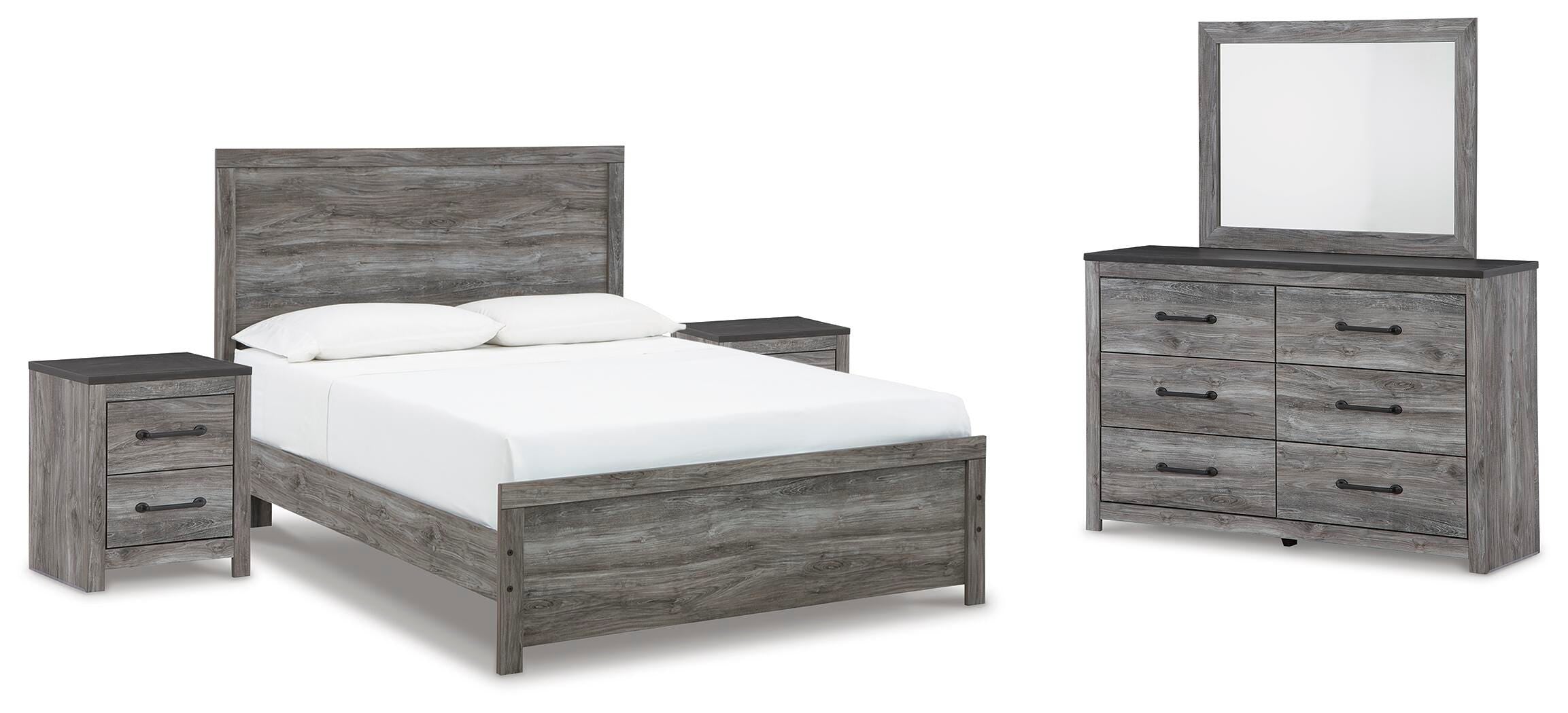 Bronyan Panel Bed with Mirrored Dresser and 2 Nightstands