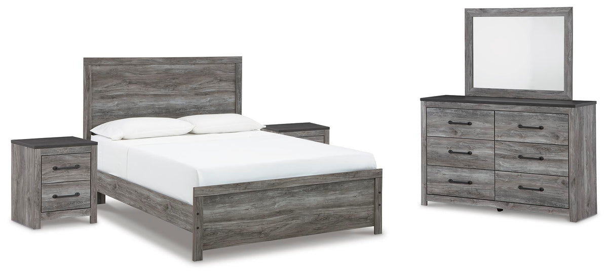 Bronyan Panel Bed with Mirrored Dresser and 2 Nightstands