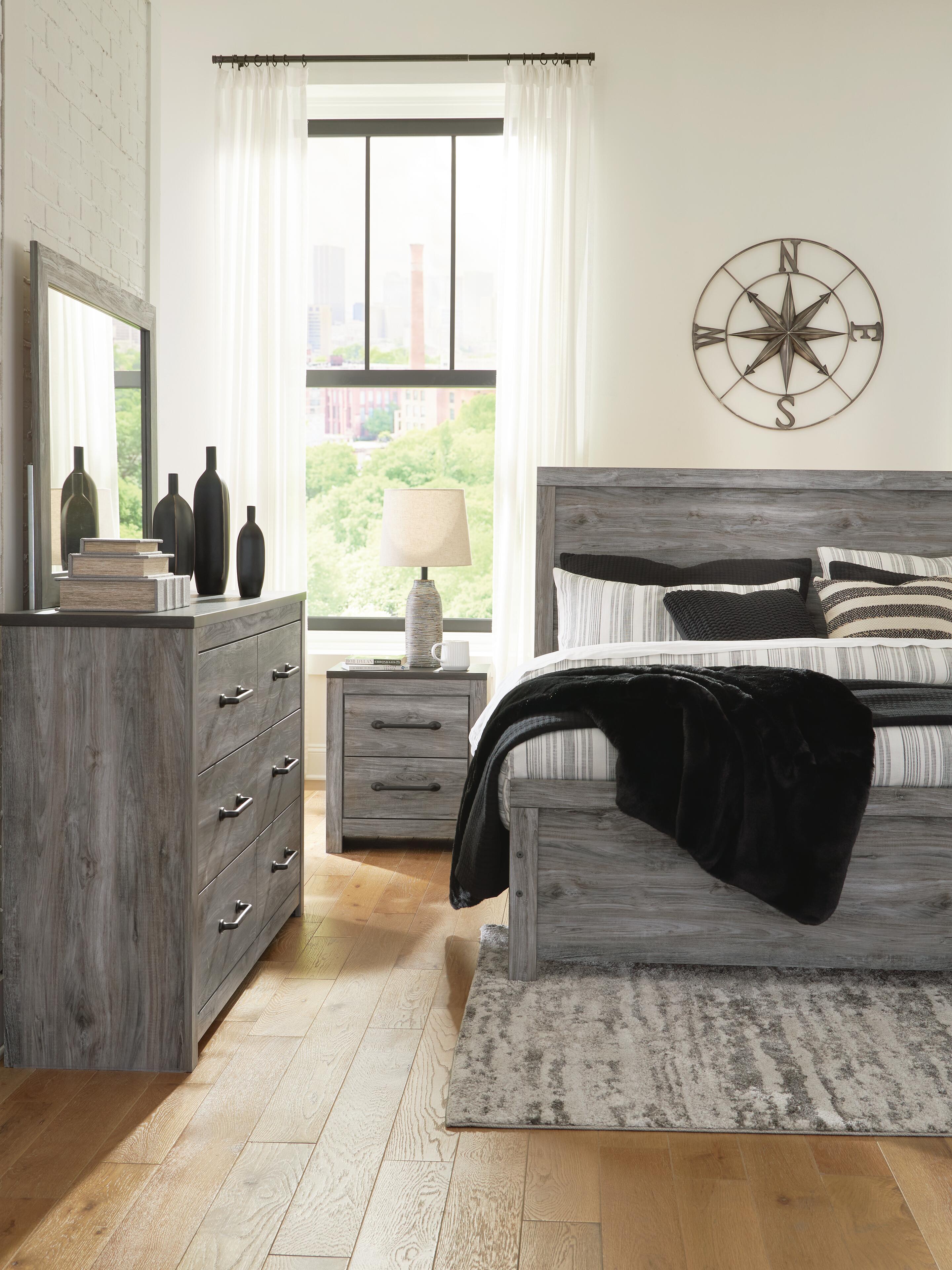 Bronyan Panel Bed with Mirrored Dresser and 2 Nightstands