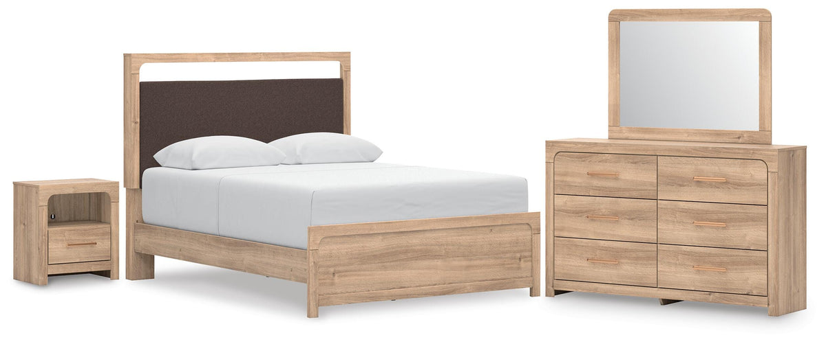 Kinlanni Upholstered Platform Bed, Dresser, Mirror and Nightstand