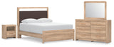 Kinlanni Upholstered Platform Bed, Dresser, Mirror and Nightstand