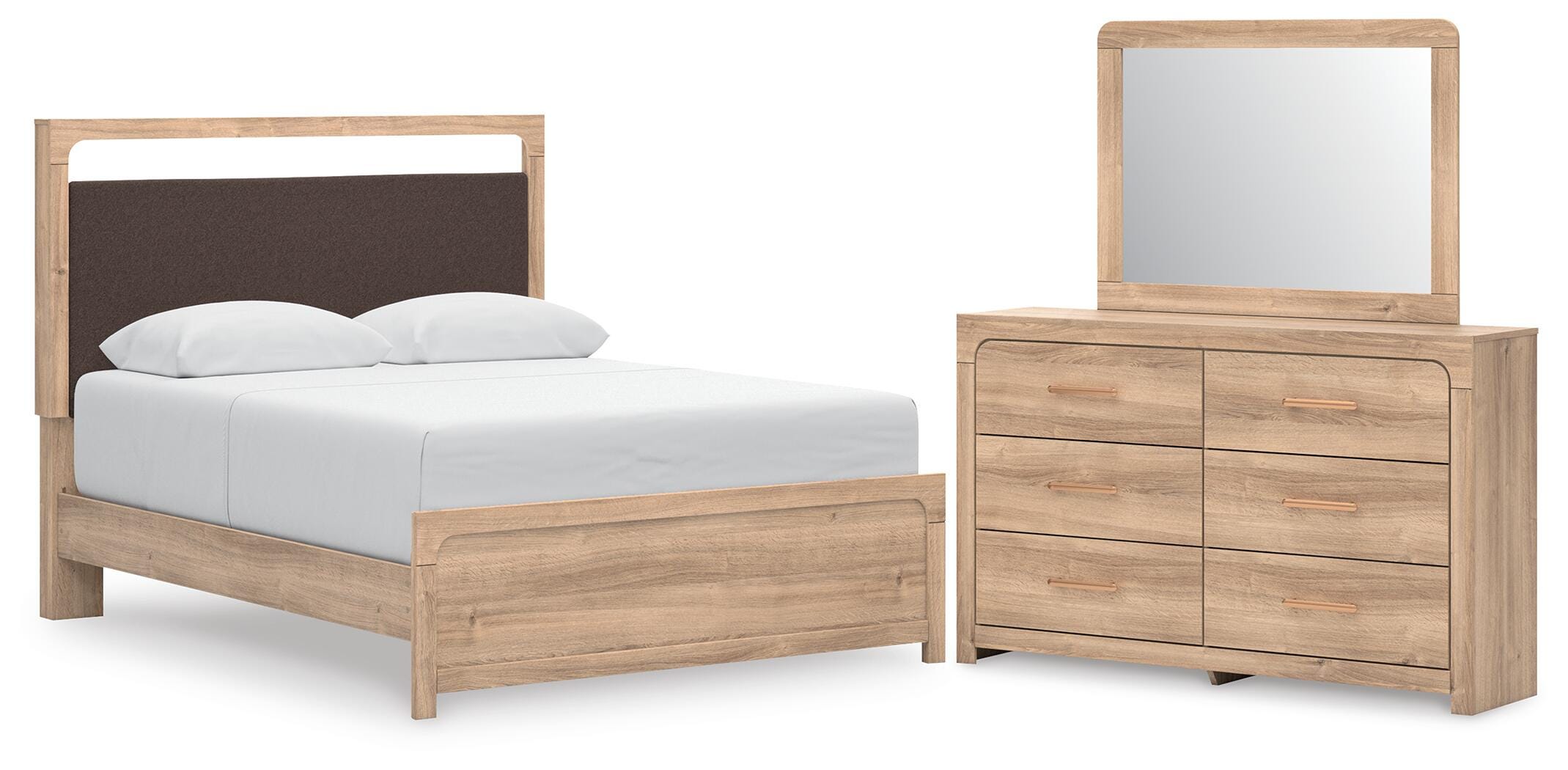 Kinlanni Upholstered Platform Bed, Dresser and Mirror