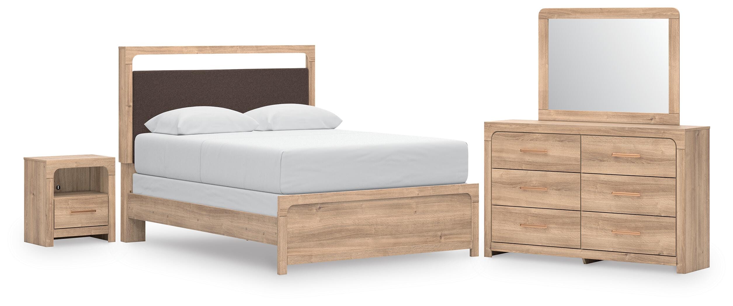 Kinlanni Upholstered Panel Bed, Dresser, Mirror and Nightstand