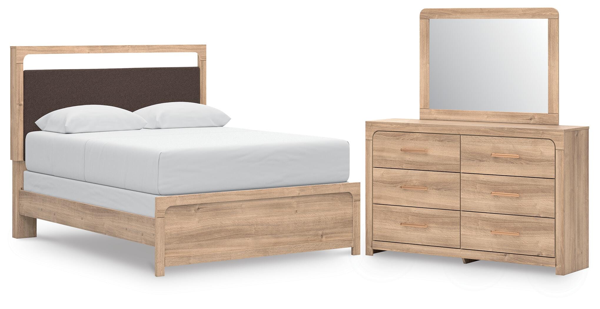 Kinlanni Upholstered Panel Bed, Dresser and Mirror