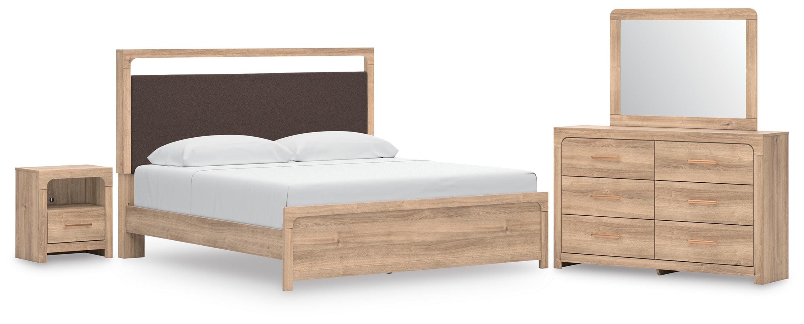 Kinlanni Upholstered Platform Bed, Dresser, Mirror and Nightstand
