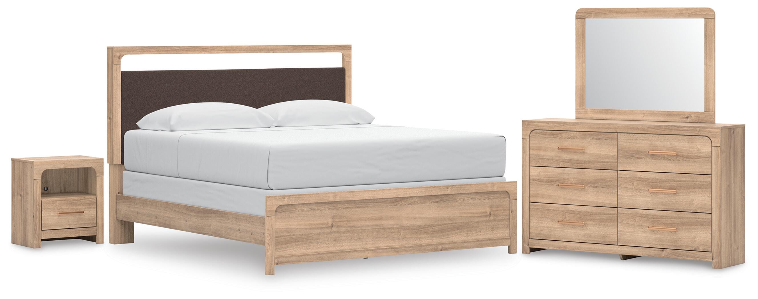Kinlanni Upholstered Panel Bed, Dresser, Mirror and Nightstand