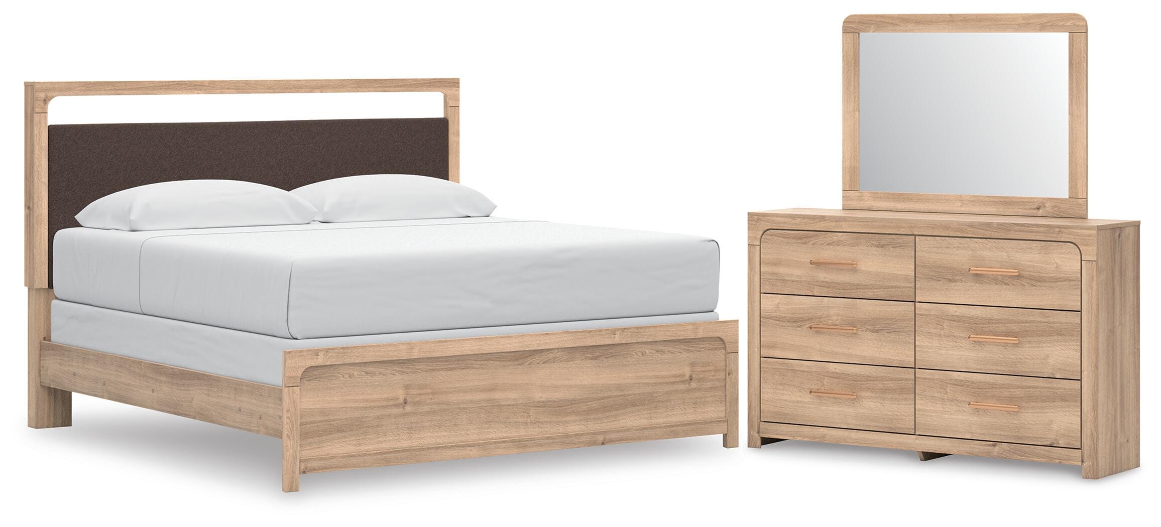 Kinlanni Upholstered Panel Bed, Dresser and Mirror