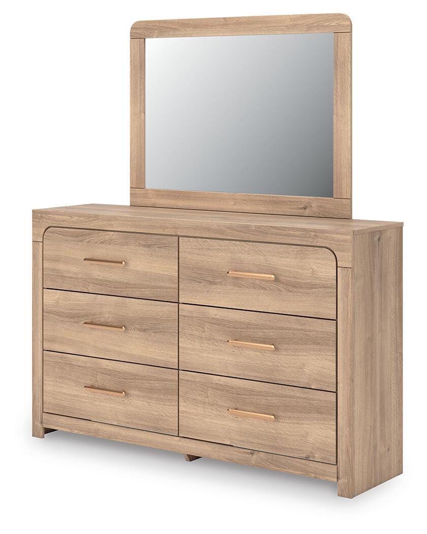 Kinlanni Upholstered Panel Bed, Dresser, Mirror and Nightstand