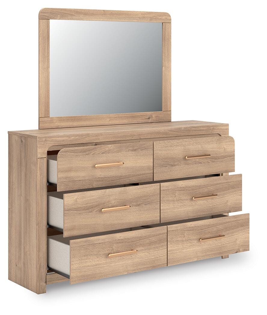 Kinlanni Upholstered Panel Bed, Dresser, Mirror and Nightstand