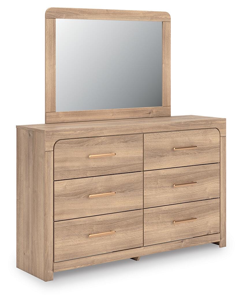 Kinlanni Upholstered Panel Bed, Dresser, Mirror and Nightstand