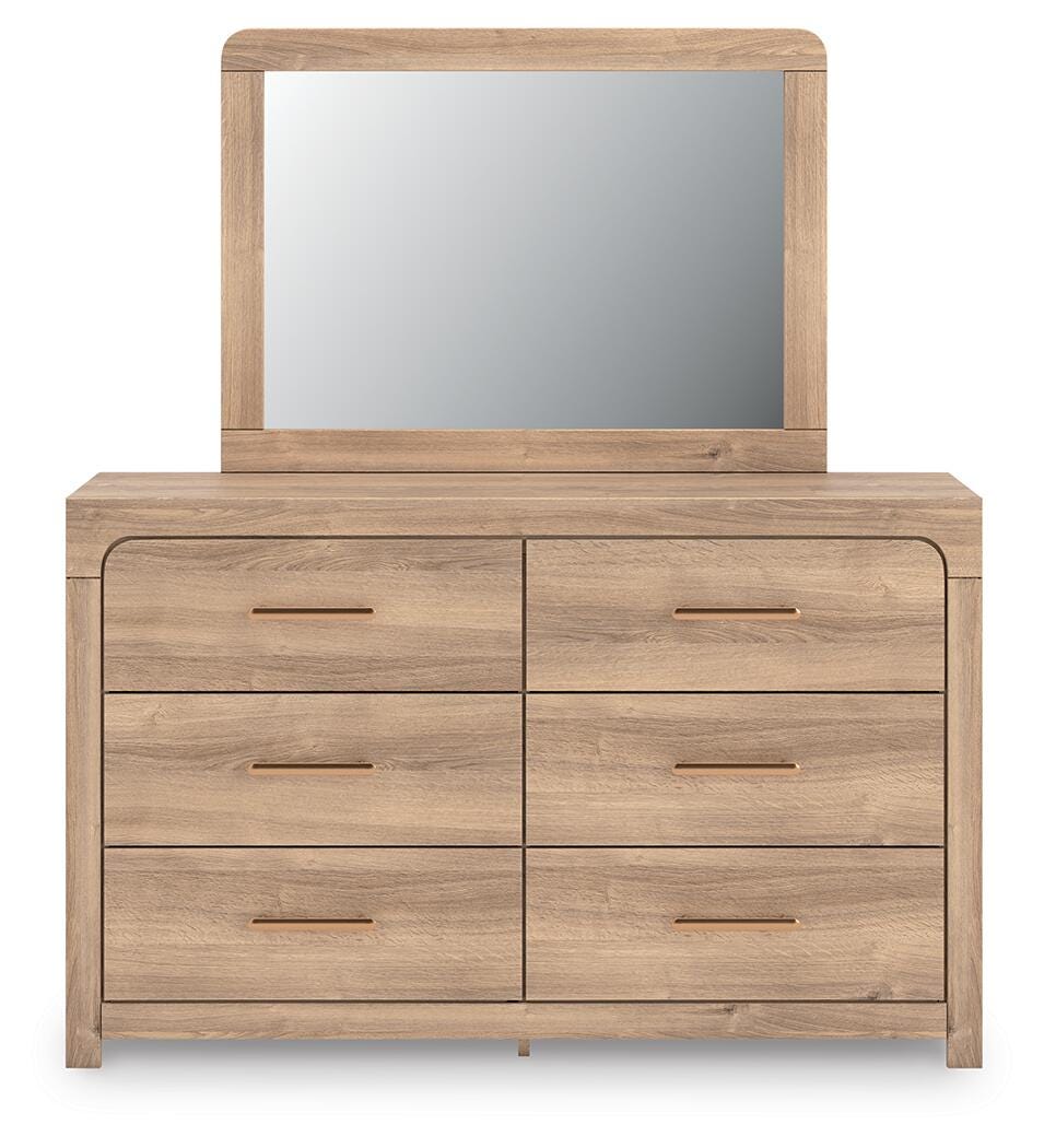 Kinlanni Upholstered Panel Bed, Dresser, Mirror and Nightstand