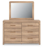 Kinlanni Upholstered Platform Bed, Dresser, Mirror and Nightstand