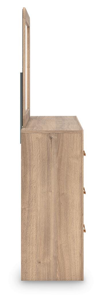 Kinlanni Upholstered Platform Bed, Dresser, Mirror and Nightstand