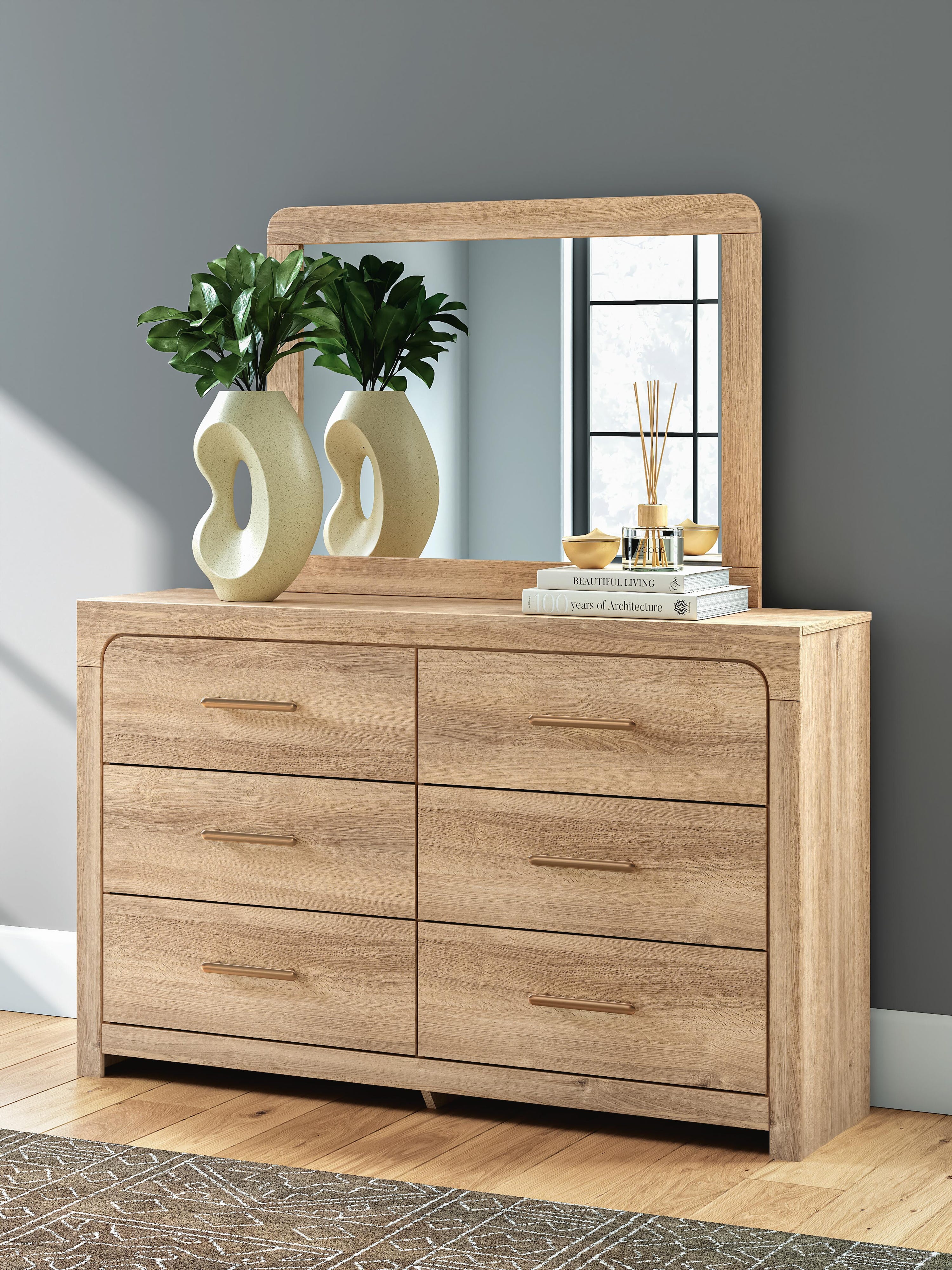 Kinlanni Upholstered Panel Bed, Dresser, Mirror and Nightstand