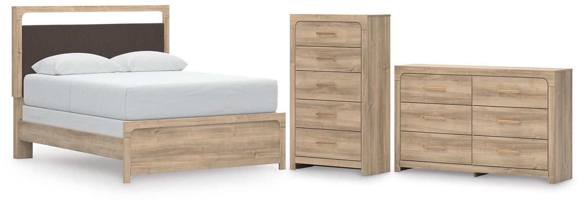 Kinlanni Upholstered Panel Bed, Dresser and Chest