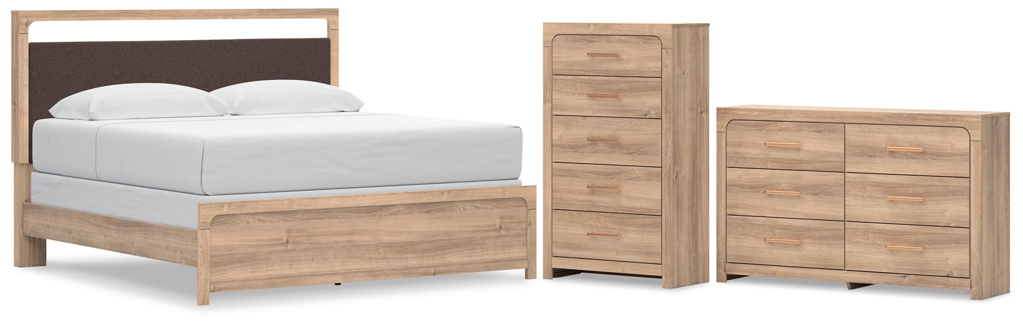 Kinlanni Upholstered Panel Bed, Dresser and Chest