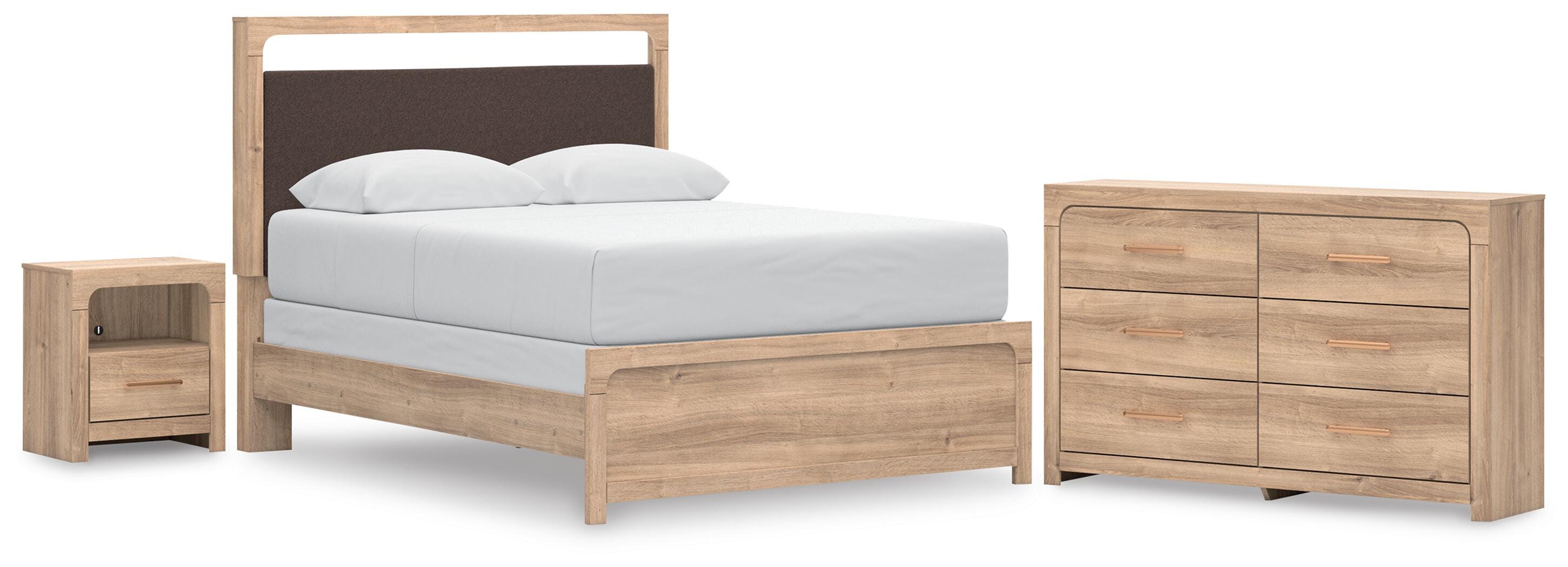 Kinlanni Upholstered Panel Bed, Dresser and Nightstand