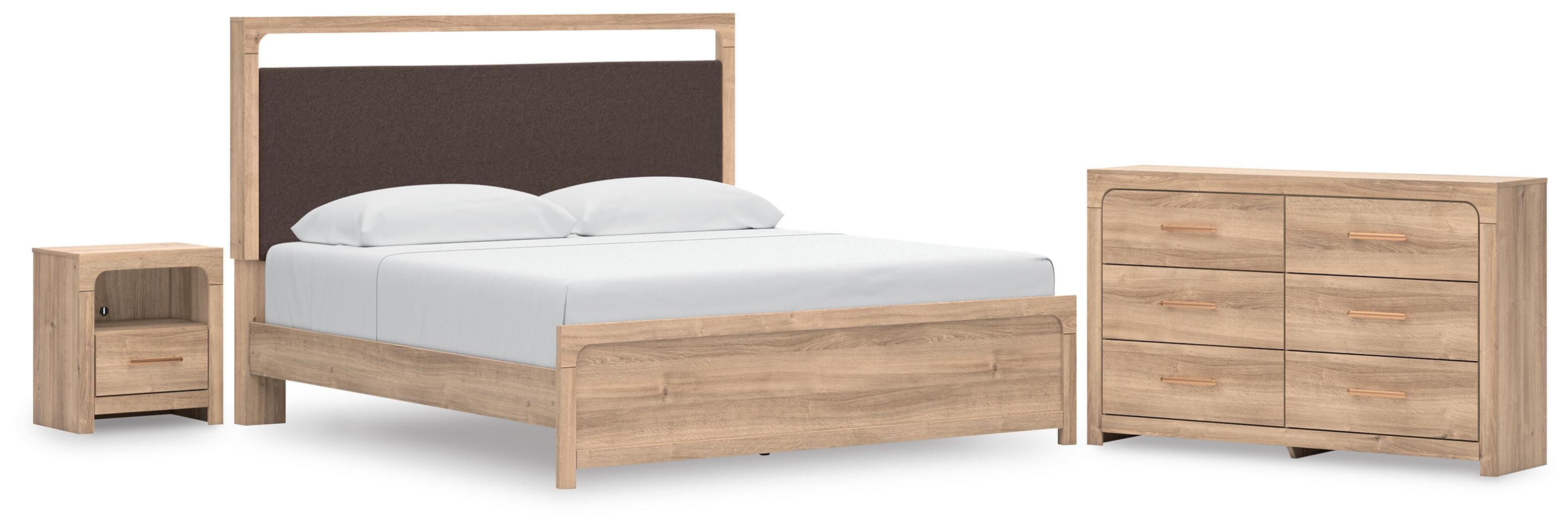 Kinlanni Upholstered Platform Bed, Dresser and Nightstand