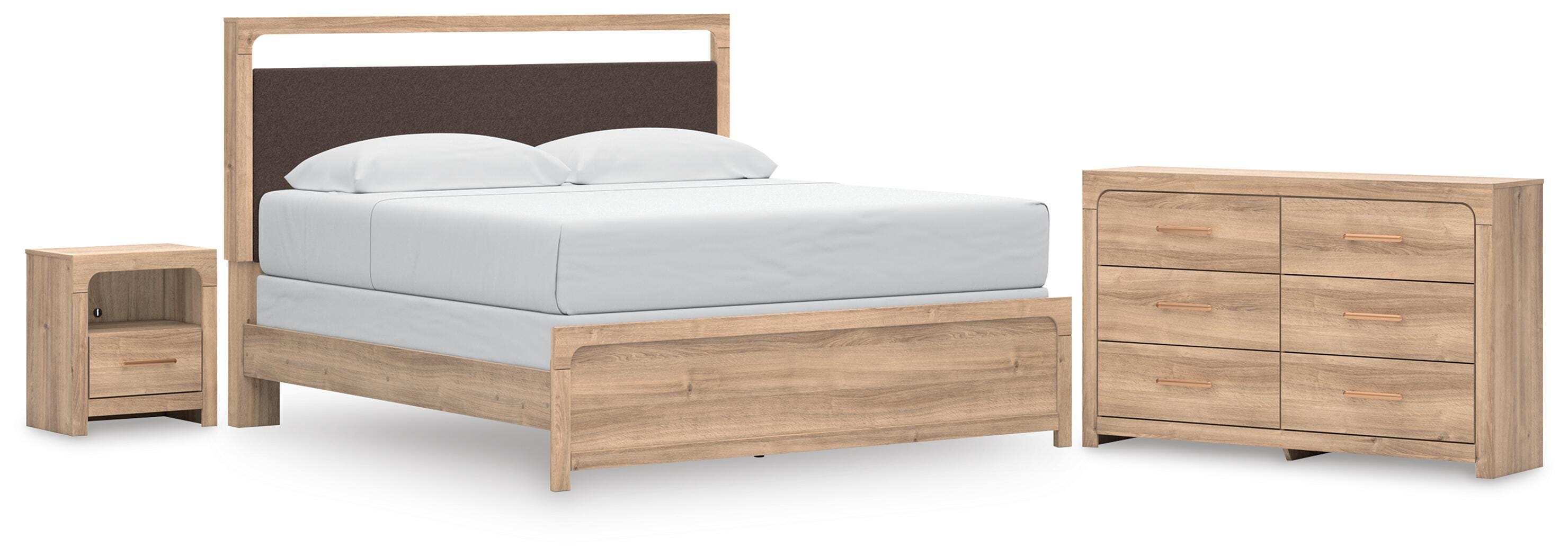 Kinlanni Upholstered Panel Bed, Dresser and Nightstand