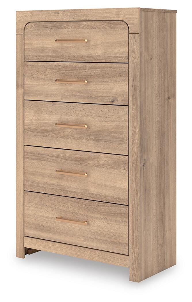 Kinlanni Upholstered Panel Bed, Dresser and Chest