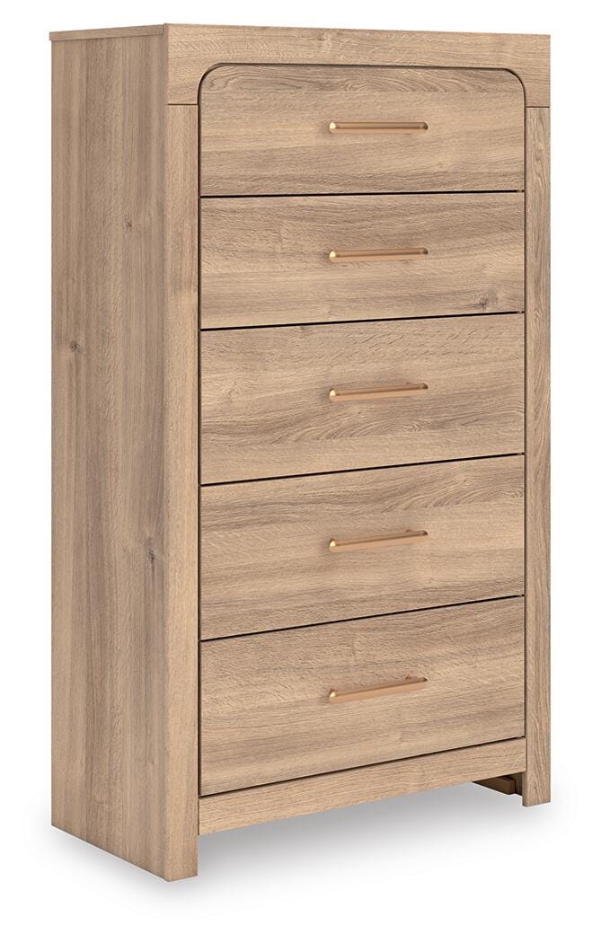 Kinlanni Upholstered Panel Bed, Dresser and Chest