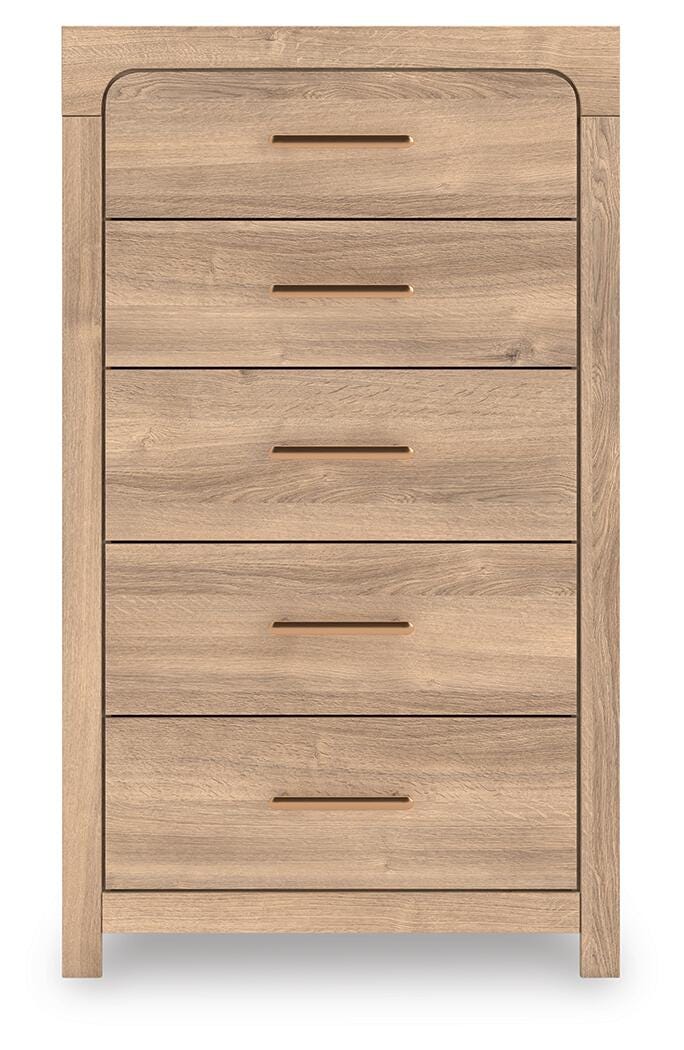 Kinlanni Upholstered Panel Bed, Dresser and Chest