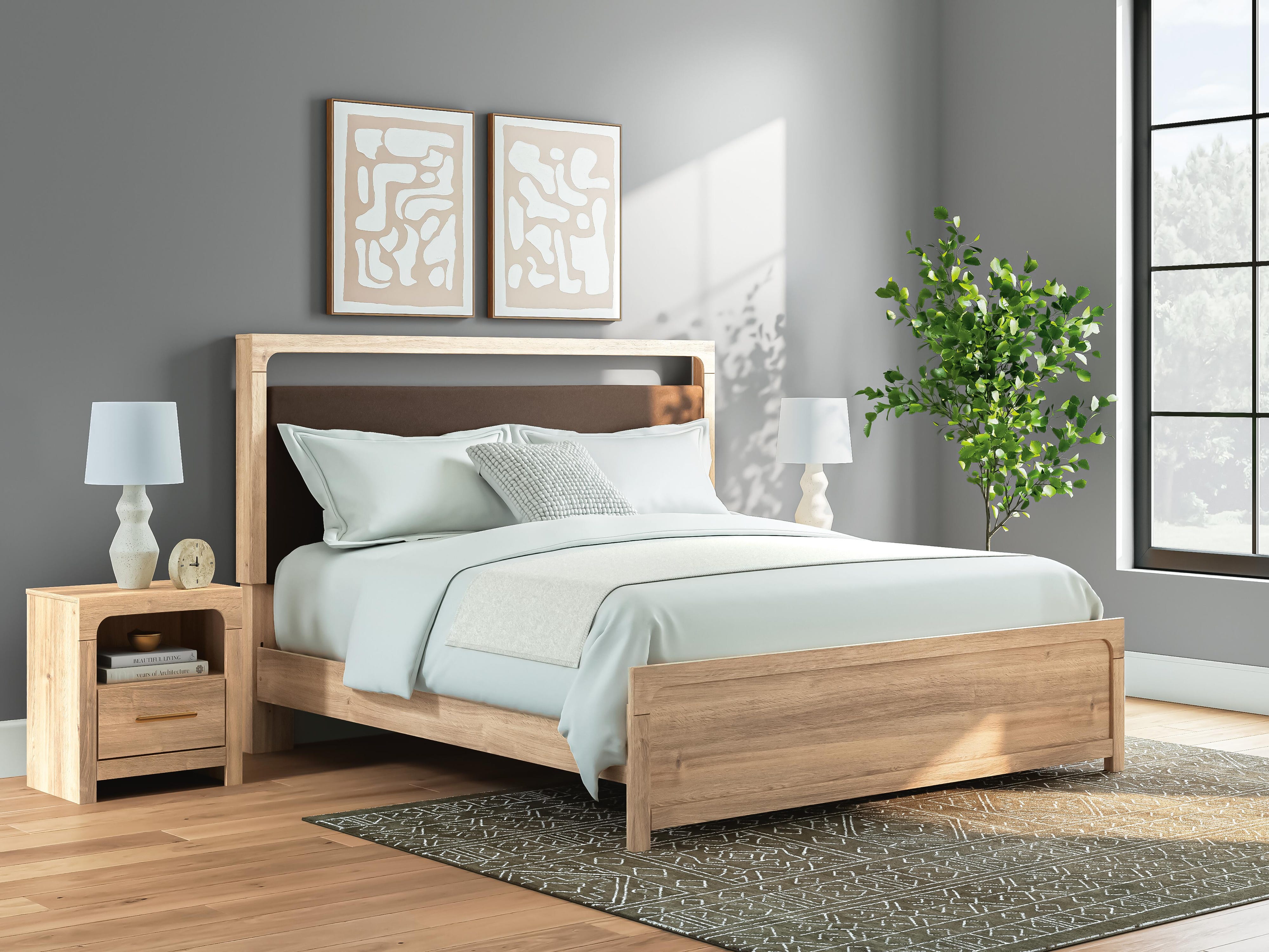 Kinlanni Upholstered Platform Bed, Dresser, Mirror and Nightstand