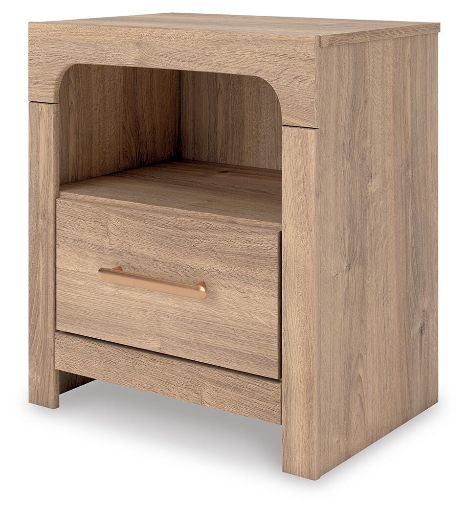 Kinlanni Upholstered Platform Bed, Dresser and Nightstand