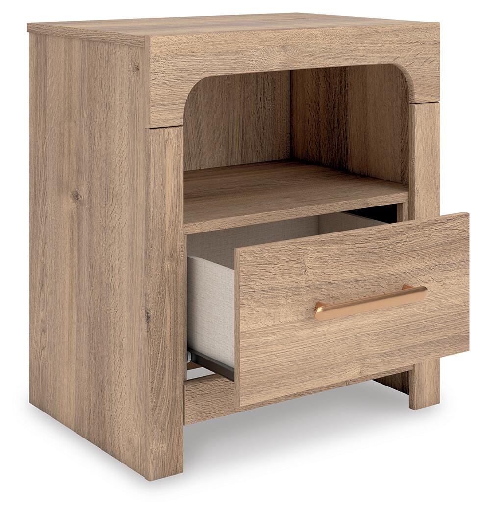Kinlanni Upholstered Platform Bed, Dresser, Mirror and Nightstand